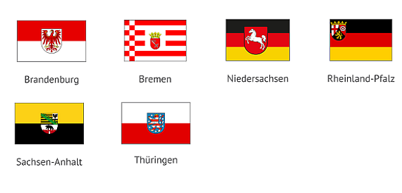 Landesflaggen von Brandenburg, Niedersachsen, Rheinland-Pfalz, Sachsen-Anhalt und Thüringen